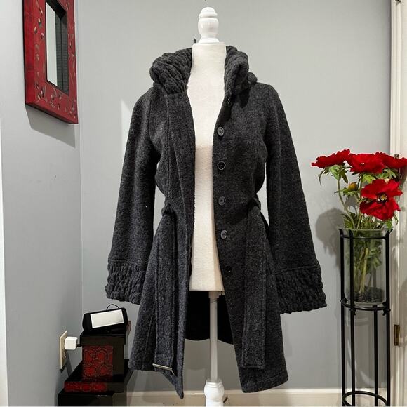 NEW Willi Smith Wool Classic Belted Longline Knit Swing Embellished Car Coat S - Picture 6 of 16